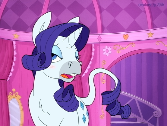 Rarity from MLP as a donkey. She's in her boutique, walking towards the camera, lightly blushing at the viewer.