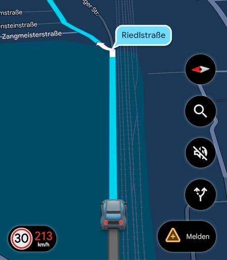 A screenshot showing Google Maps. It thinks I'm in a Zone 30, going 213km/h, and wants me to perform a left turn in a couple of meters.