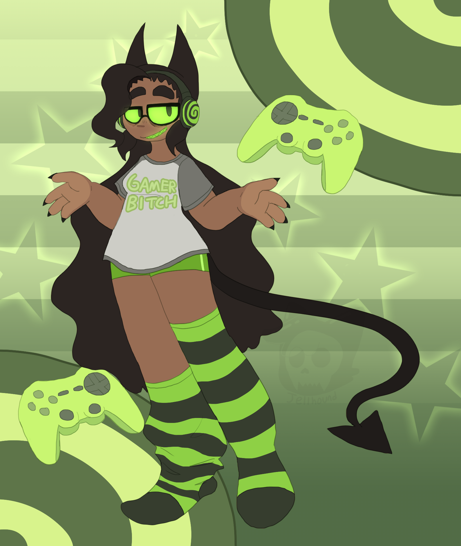 a digital drawing of a dark skinned lady with devil horns and tail. she has long, wavy, black hair. her glasses and sharp teeth glow green. she has on headphones.
she's wearing a T-shirt that says "GAMER BITCH" on it, as well as short shorts and striped green stockings.
she's shrugging playfully.
the background is green stripes, with 2 game controllers and a few stars surrounding the lady.