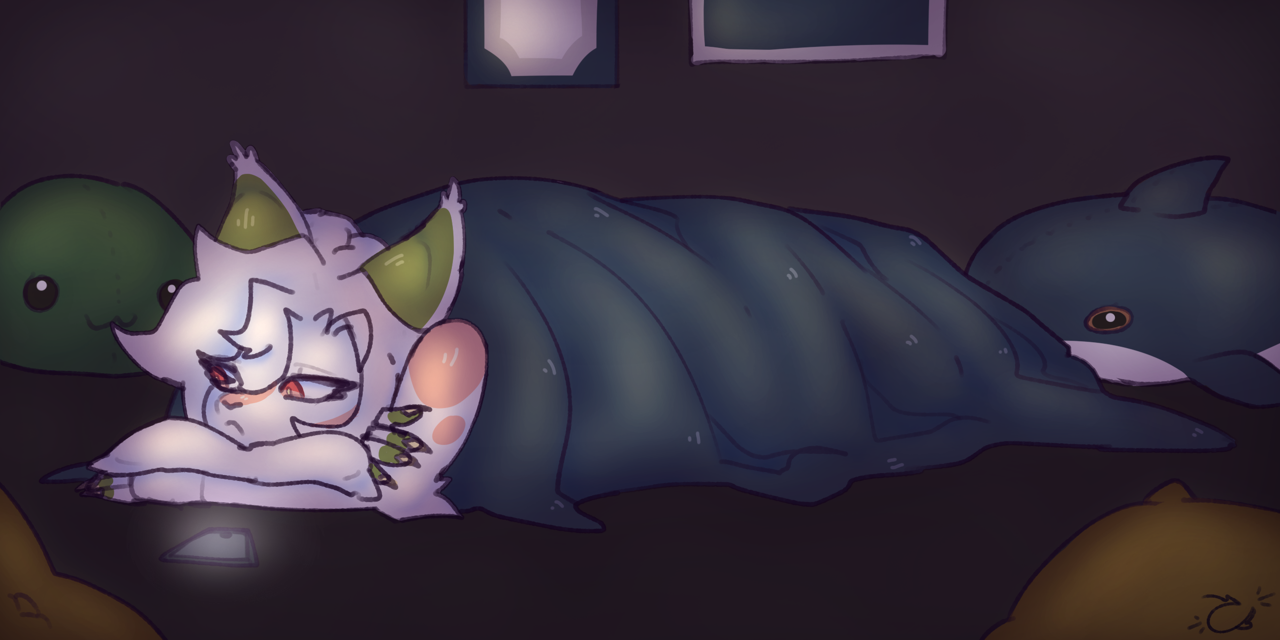 My character Zakura laying in bed with a blue blanket on top of them while theu are hugging a pillow. A phone is laying in from of them, lighting up their face which is in a sad expression. They are surrounded by a couple of plushies, a blåhaj, a slime plush and two pillows in the foreground.