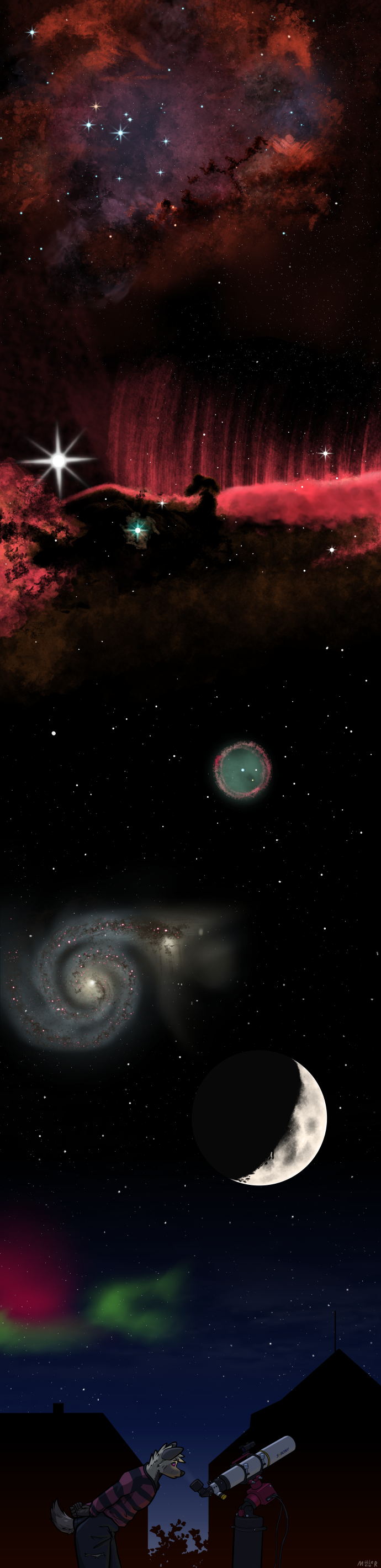 Digital drawing of a furry hyena looking through a telescope. Various astronomical objects are seen above (top to bottom: Rosette Nebula, Horsehead Nebula, Owl Nebula, Whirlpool Galaxy, and the Moon)