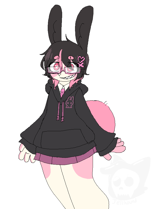 a digital drawing of an anthropomorphic bunny girl with glasses, black hair and pink accents.
she's grinning with unusually sharp teeth.
her outfit is a black hoodie over a dress shirt and dark pink mini skirt.