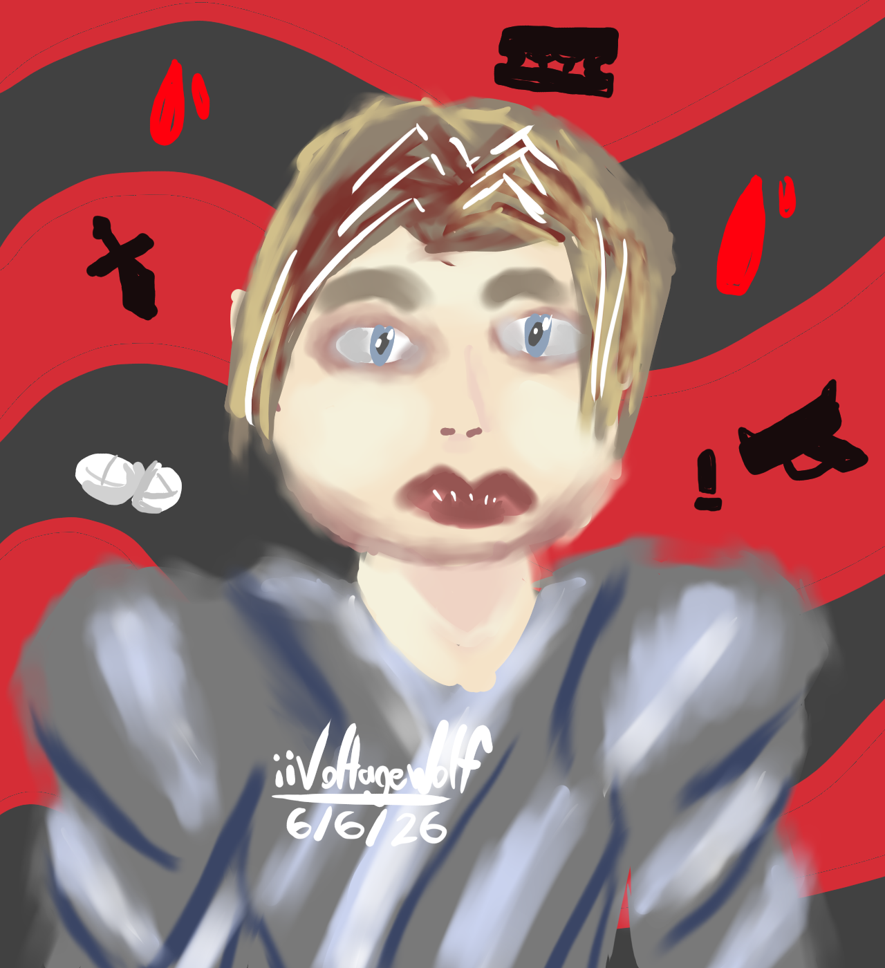 A digital painting of a self portrait of me. My face is blank, emotionless as I wear a grey coat. In the red and black background are macabre objects: a dagger, blood drops, a gun and bullet, a razor blade, and Escitalopram pills.