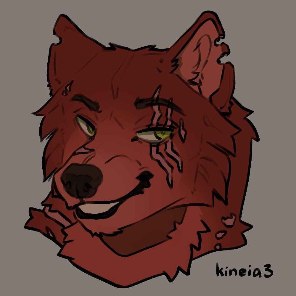 Red wolf with green eyes and many scars including over left eye, a side-eye smirk