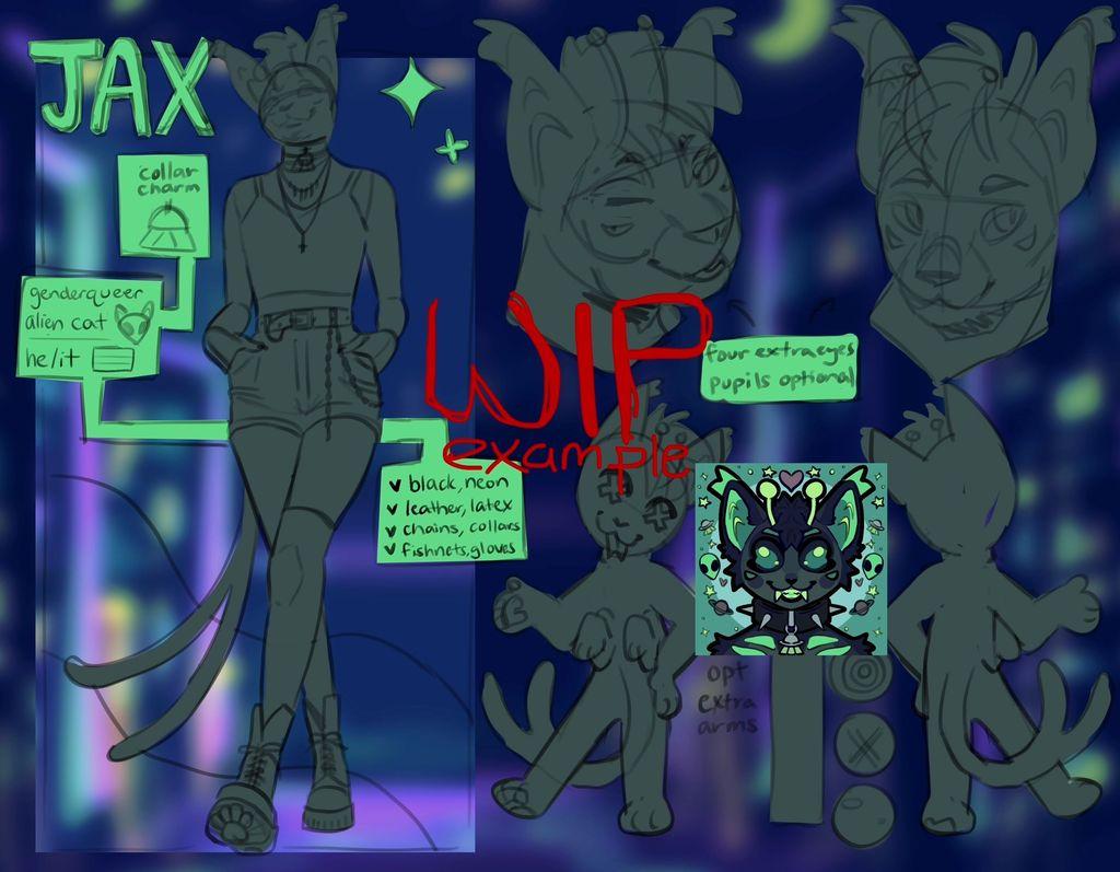 WIP ref sketch of an alien cat with fullbody two headshots and two chibis, name JAX with words WIP example written over in red