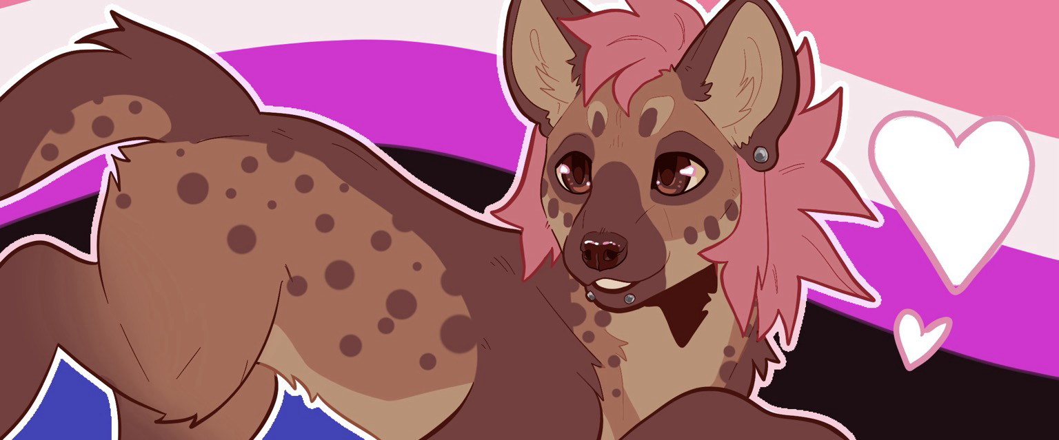 Hyena fursona with pink hair in front of genderfluid flag