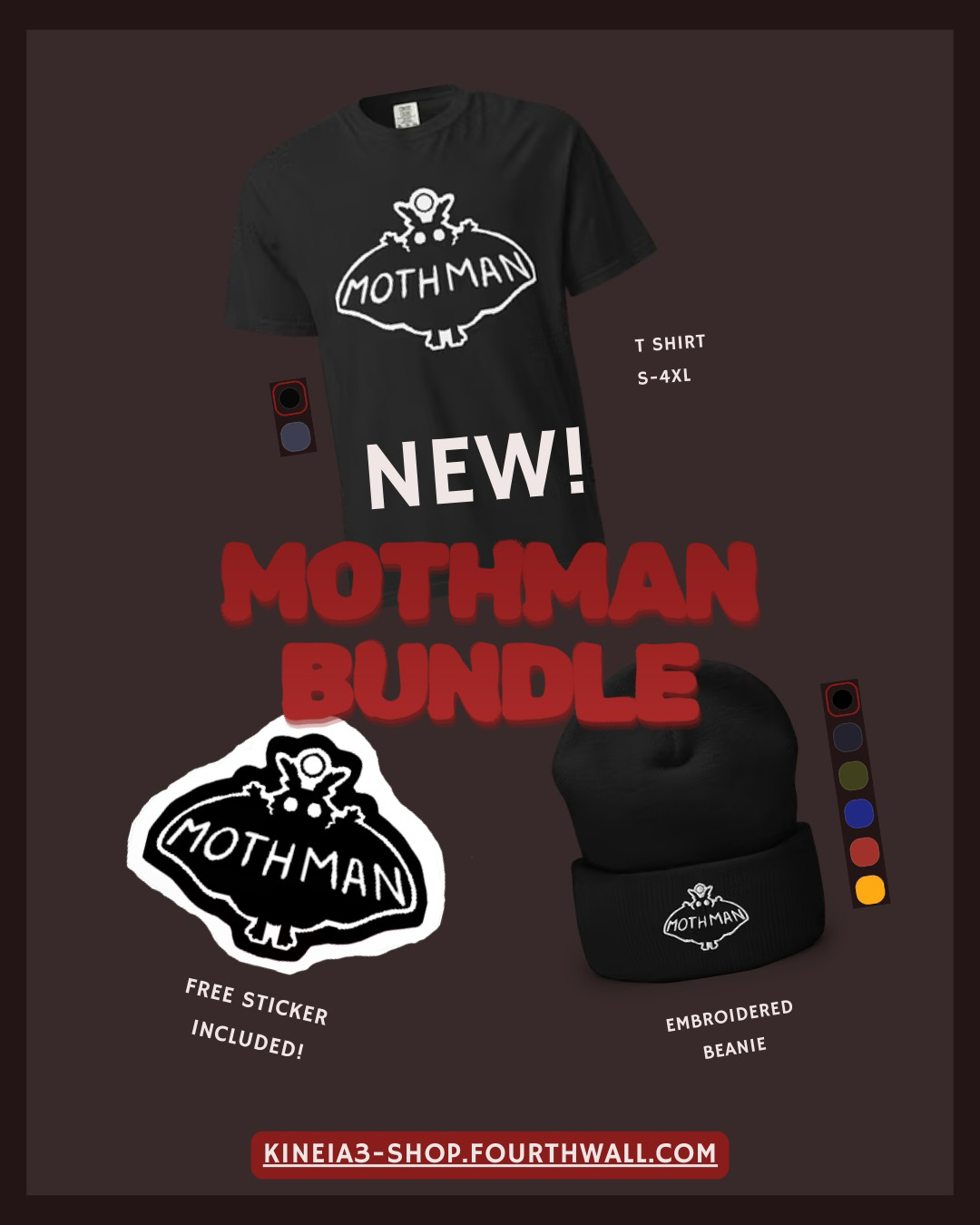 “Mothman” merch bundle of black and white MothMan design