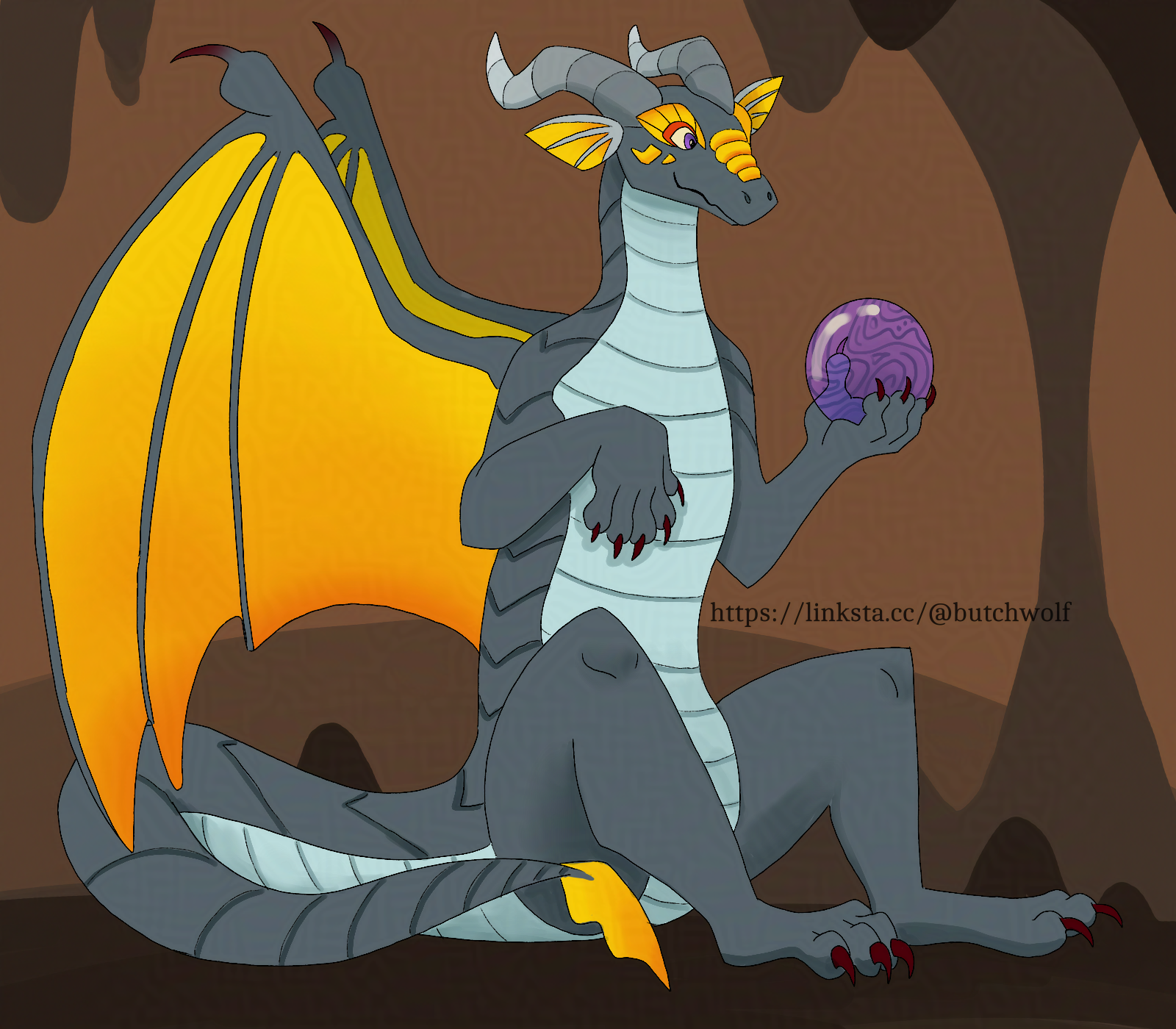 A digital drawing of a gray dragon with yellow wings, tailtip, ears, and over-eye and snout scales. He has a pale underbelly and is sitting, holding a shiny translucent purple orb in one paw. The background is (exceedingly) simple, but consists of the stalactites and stalagmites of a cave. The only text is my LinkStack, https://linksta.cc/@butchwolf