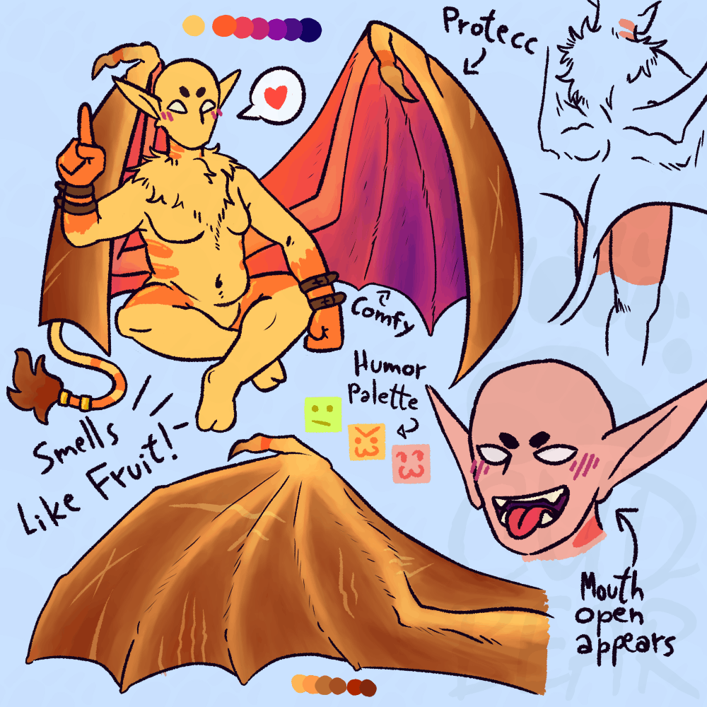 Reference illustration of a colorful humanoid with bat wings. The creature has a light mustard color with orange accents. The mouth is "invisible" until open and its teeth are sharp. The bat-like wings sprout from below the middle of the back, its outside is rough brown and leathery while its inside is soft and purple gradient like the sunrise/sunset. The color of the character changes according to mood, ranging from soft yellow-green to pastel rose.