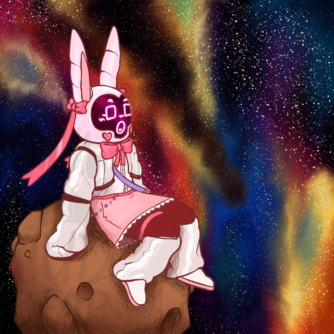 Colorful Illustration of a character sitting on an asteroid in a colorful space background. He is wearing a white glossy "space-coat", black leggings, white glossy leg warmers and a pink frilly skirt. A space helmet stylized with bunny ears covers his face, with the visor showing a "face" made of pink light. There are pink laces on his neck and ears.