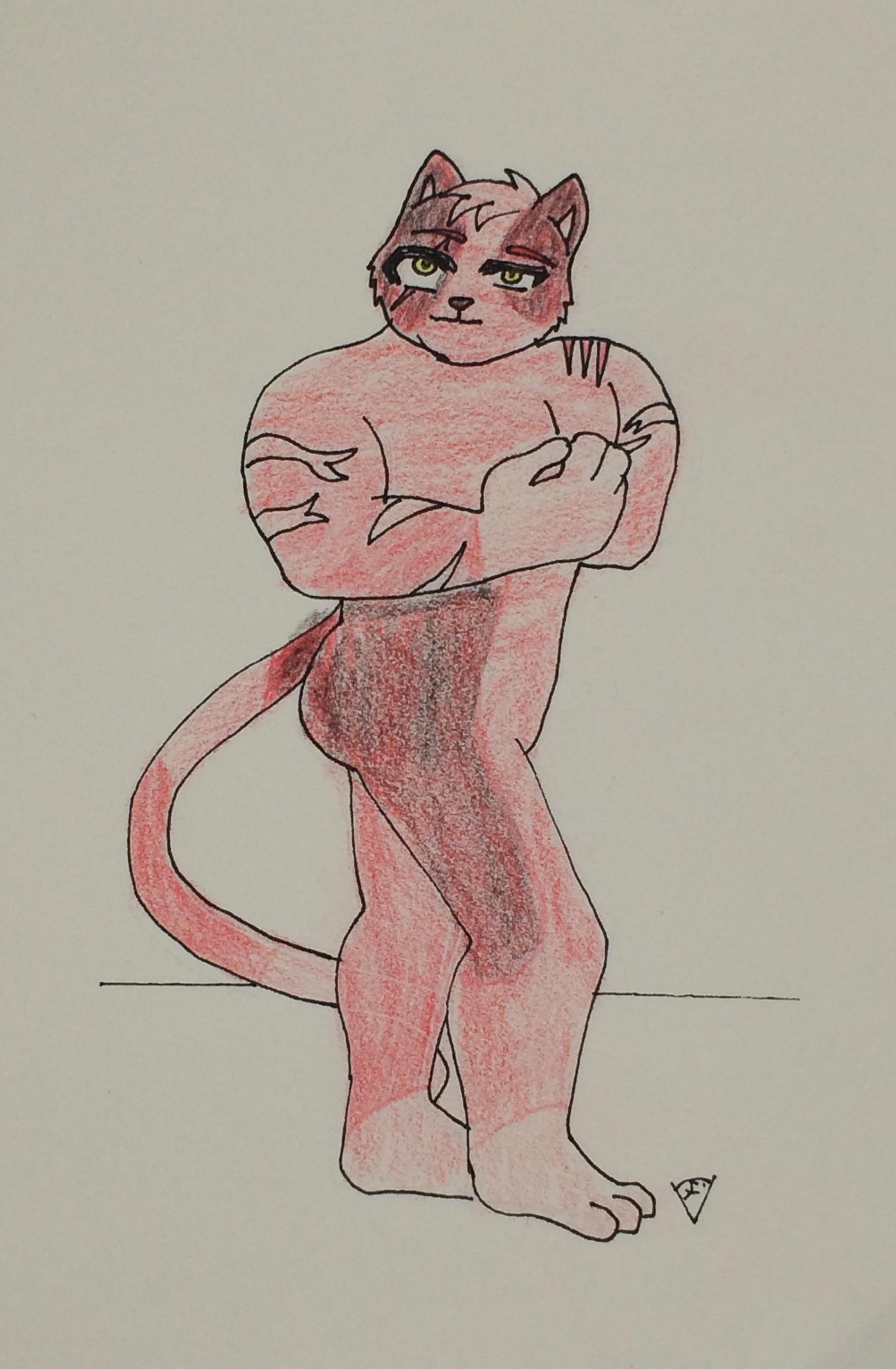 An anthropomorphic red bara muscle mutant cat giving the viewer a pose of their muscles.