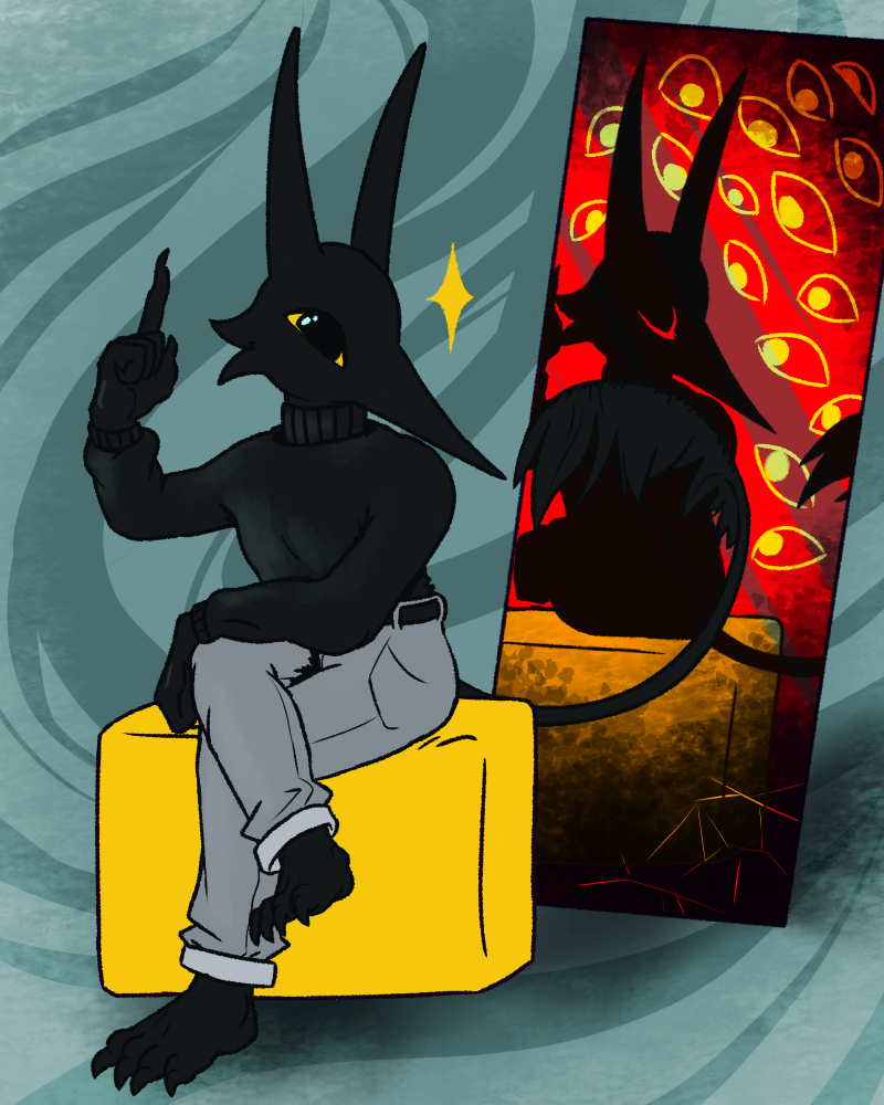 Apollyon character sitting on a yellow square and a mirror behind them. Apollyon is black, has a long "snout" and two long tall horns, making the head look like a mosquito head, he also has eyes so big only one can be seen on the side. The mirror is reflecting Apollyon in a shadow-like manner, in the empty space of the mirror it seems eyes are staring straight through him.