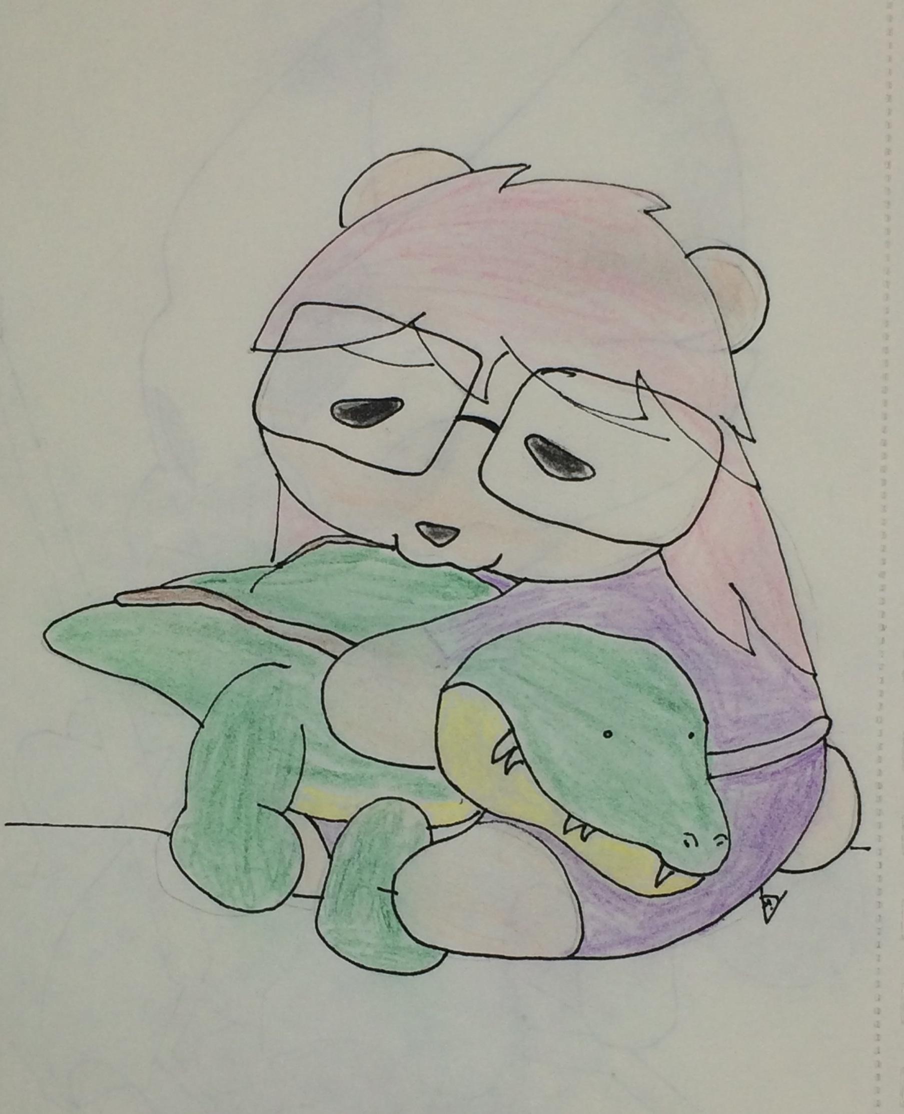 An anthropomorphic pink polar bear lying atop a plush gator named Troy.