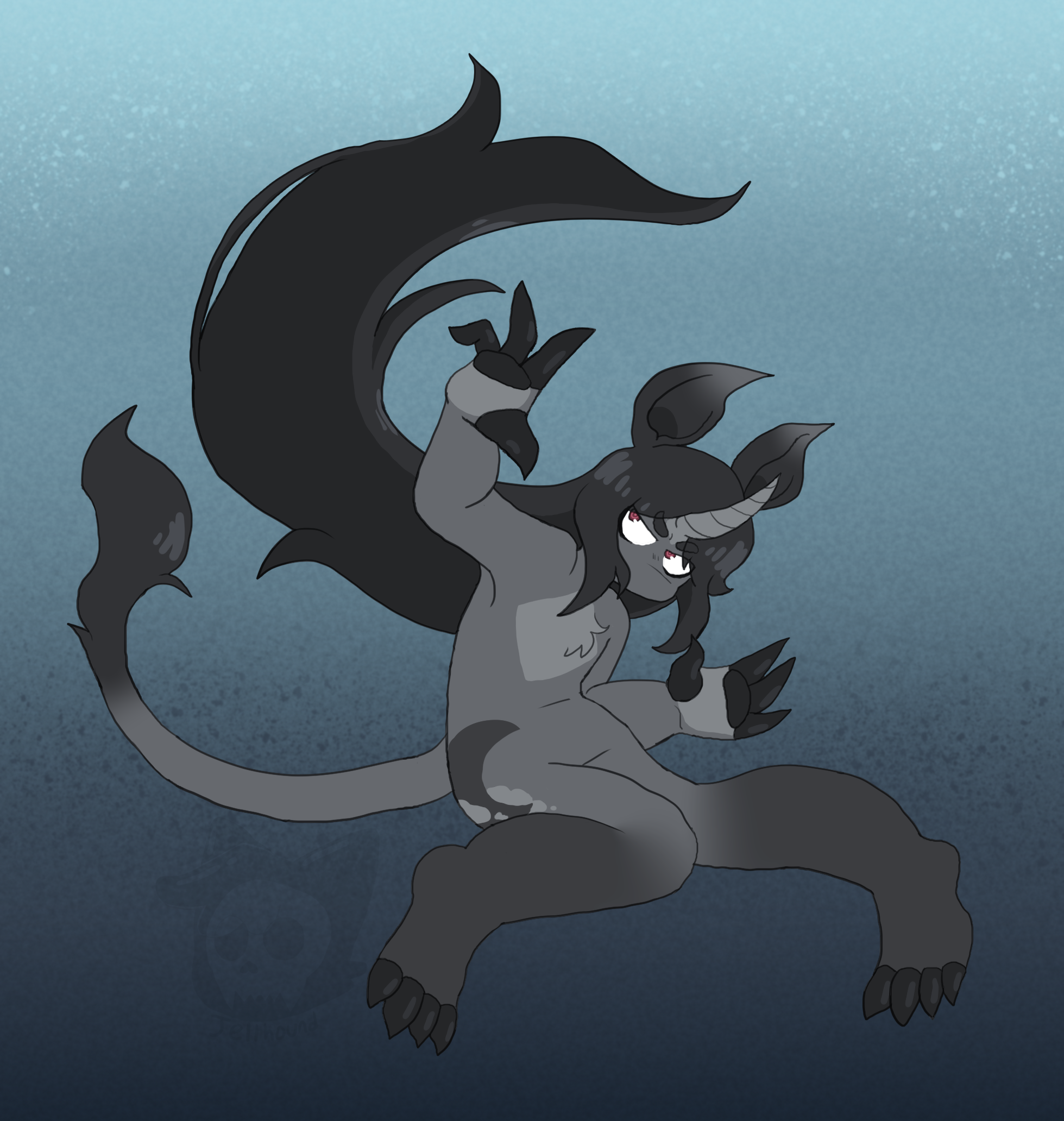 a digital drawing of silver, a unicorn with grey fur. their hand is outstretched and they're in a dynamic pose with their long hair swooping up behind them. they aren't wearing anything.