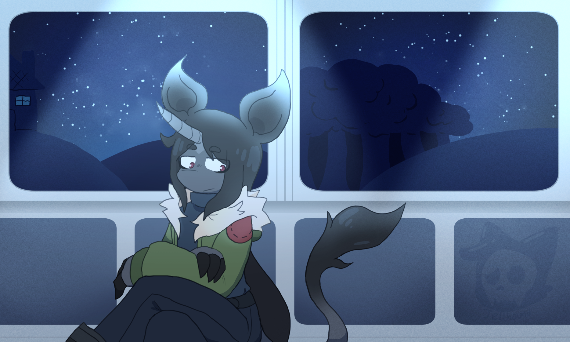 a digital drawing of an anthropomorphic unicorn in a bomber jacket riding a train at night.