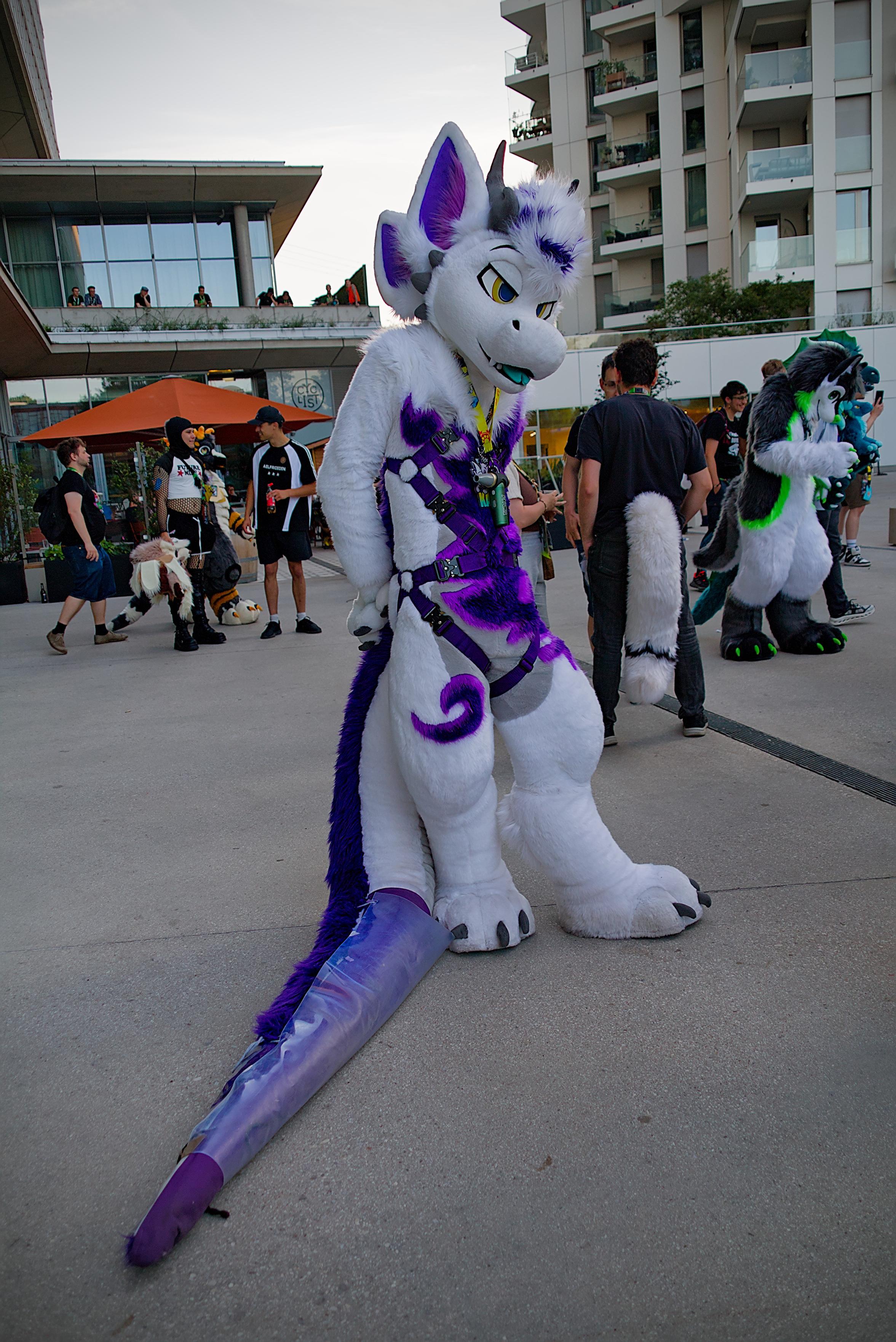 Me in fursuit, wearing a purple harness on the plaza in front of the hotel